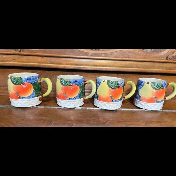 4 Ceramic Coffee Cups Embossed with Fruit in Bright Oranges, Yellows & Blues! - Picture 4 of 8